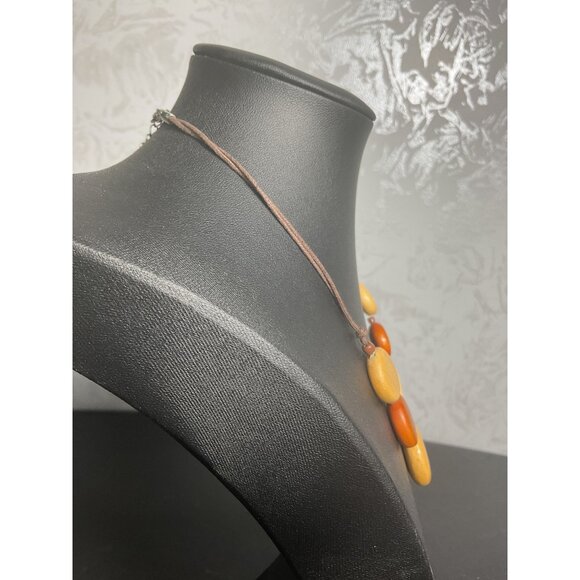 Earth Tone Beaded Necklace With Adjustable Chain & Brown Cord - Picture 3 of 5